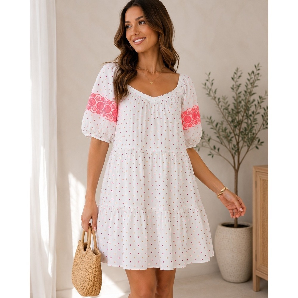 LOFT White Polka Dot Puff Sleeve Dress Neon Embroidered Trim Size M NWT